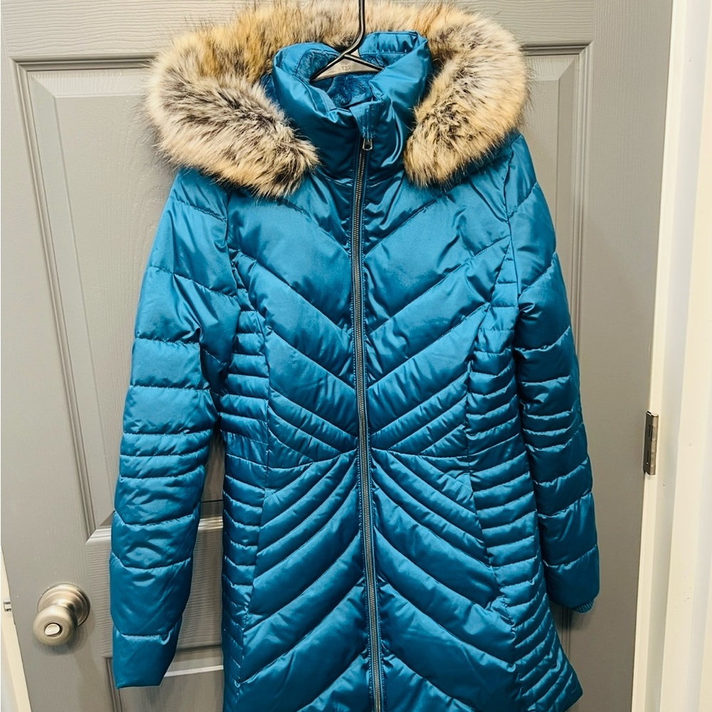 Lands' End Blue Puffer Jacket with Faux Fur Trim